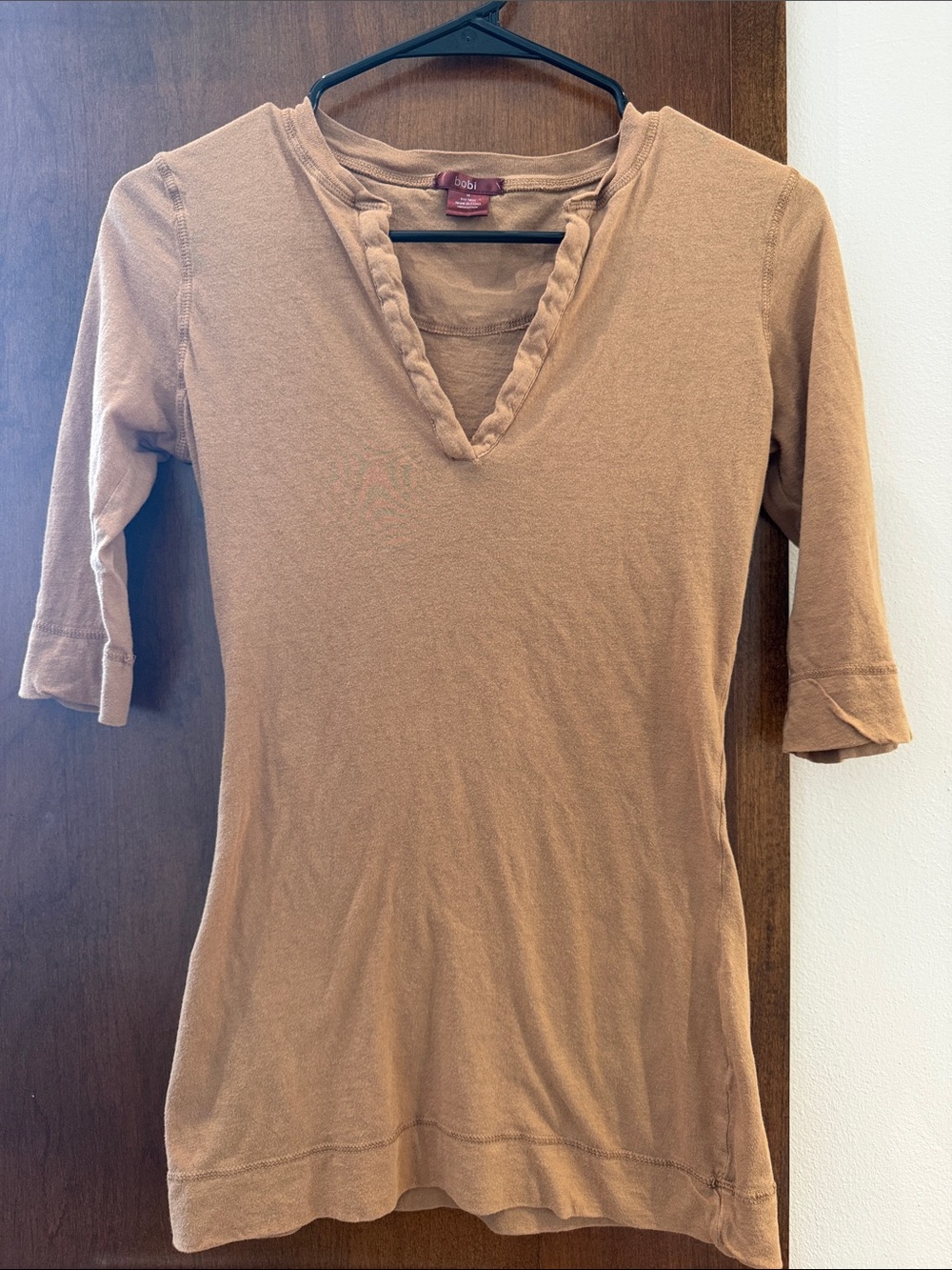 bobi Tan V-Neck Short Sleeve Knit Top